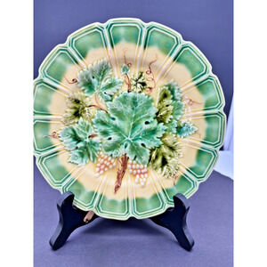 Antique French Sarreguemines Majolica Pottery Plate Green Leaf Grape Cluster